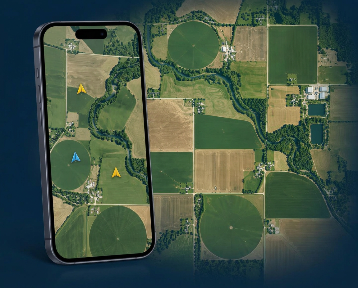 Concept of a phone showing blue and yellow aircraft markers over an agricultural map with field boundaries